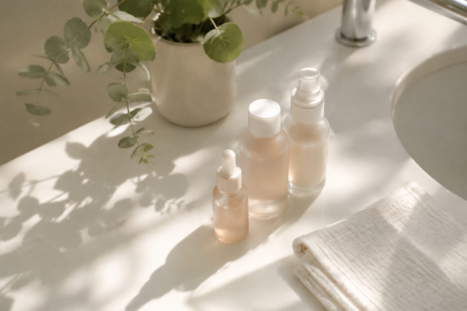 Minimalist skincare setup with three bottles on a sunlit white counter next to eucalyptus