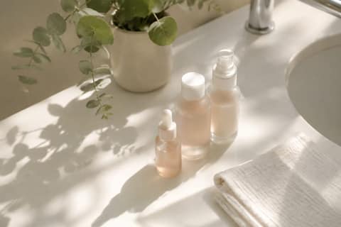 Minimalist skincare setup with three bottles on a sunlit white counter next to eucalyptus