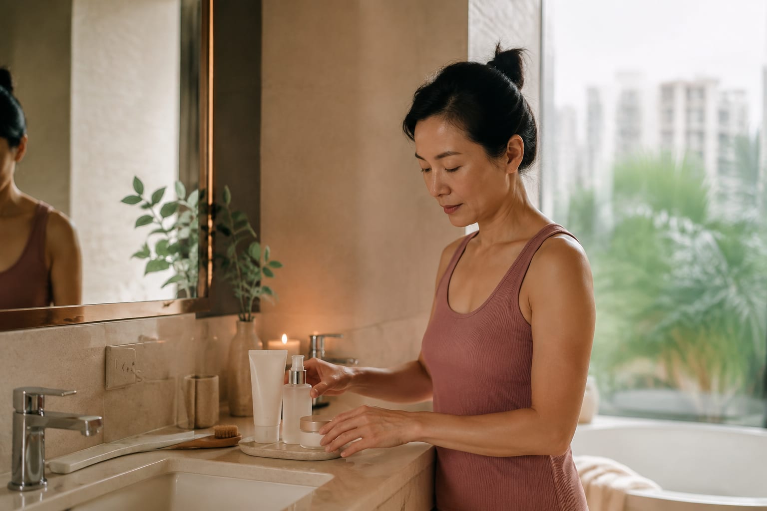 Woman in her 40s simplifying a skincare routine in a Singapore bathroom