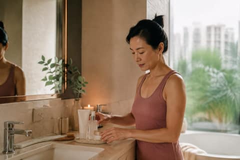 Woman in her 40s simplifying a skincare routine in a Singapore bathroom