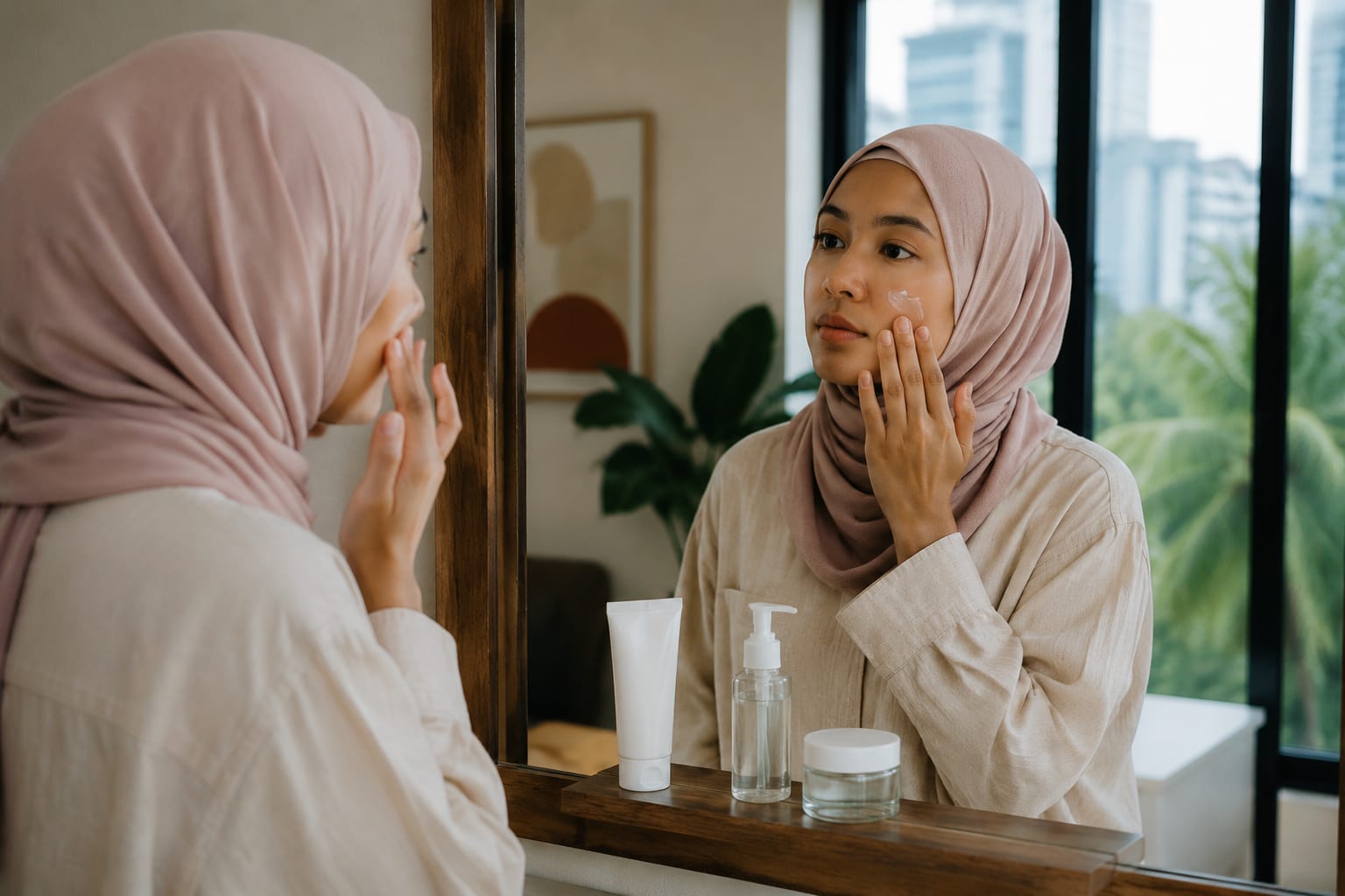 Malaysian woman in a hijab applying lightweight sunscreen at home