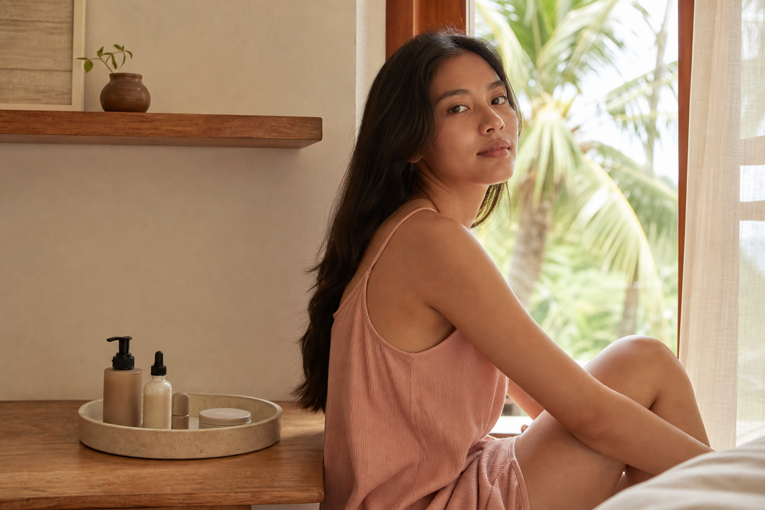 Woman with healthy skin in a bright tropical apartment with natural light and minimal skincare products