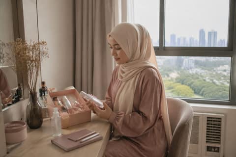 Malaysian woman reviewing a beauty gift set beside her daily skincare products