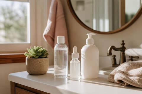 Simple skincare products on a sunlit bathroom counter