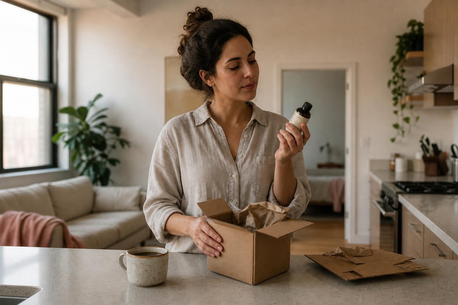 A woman inspecting a skincare bottle from an unpacked delivery box on a sunlit kitchen counter