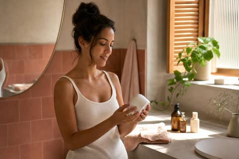 A woman in a sunlit bathroom turning a small tub of moisturiser over to read the back.