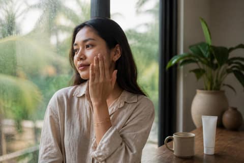 A woman applying moisturiser to her cheek beside a sunlit office window with tropical greenery outside