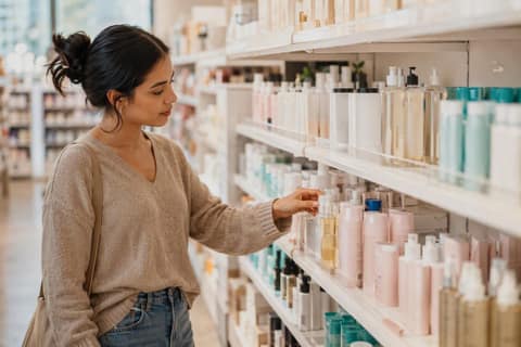 A shopper reaching for skincare products on a drugstore shelf in natural light