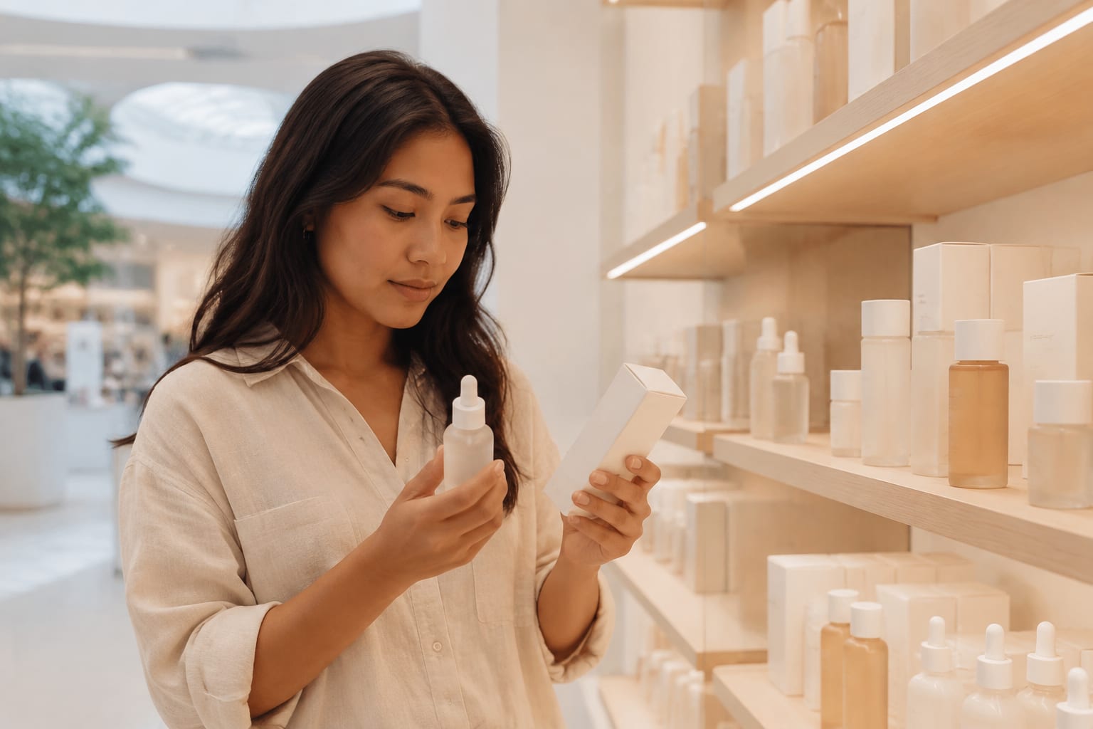 A woman in a Singapore beauty store calmly reading the side of a plain serum carton in soft daylight