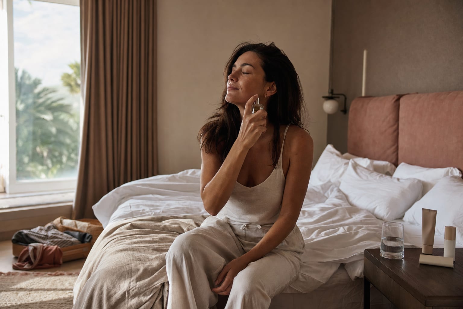 Woman resting a chilled mist bottle against her cheek in a sunlit hotel room beside a half-packed bag
