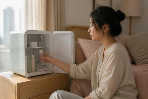 A woman reaching into a small open skincare fridge on a bedside table in a softly lit bedroom