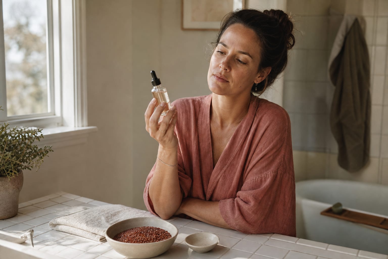 Woman in a sunlit bathroom holding a small glass dropper bottle, with a shallow bowl of red rice grains on the counter beside her