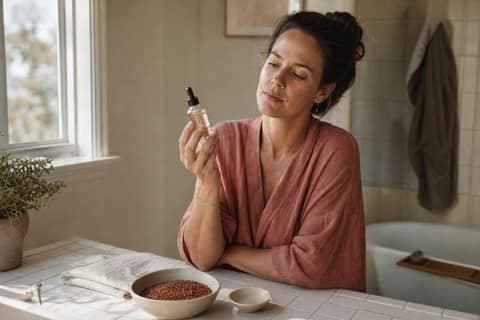 Woman in a sunlit bathroom holding a small glass dropper bottle, with a shallow bowl of red rice grains on the counter beside her