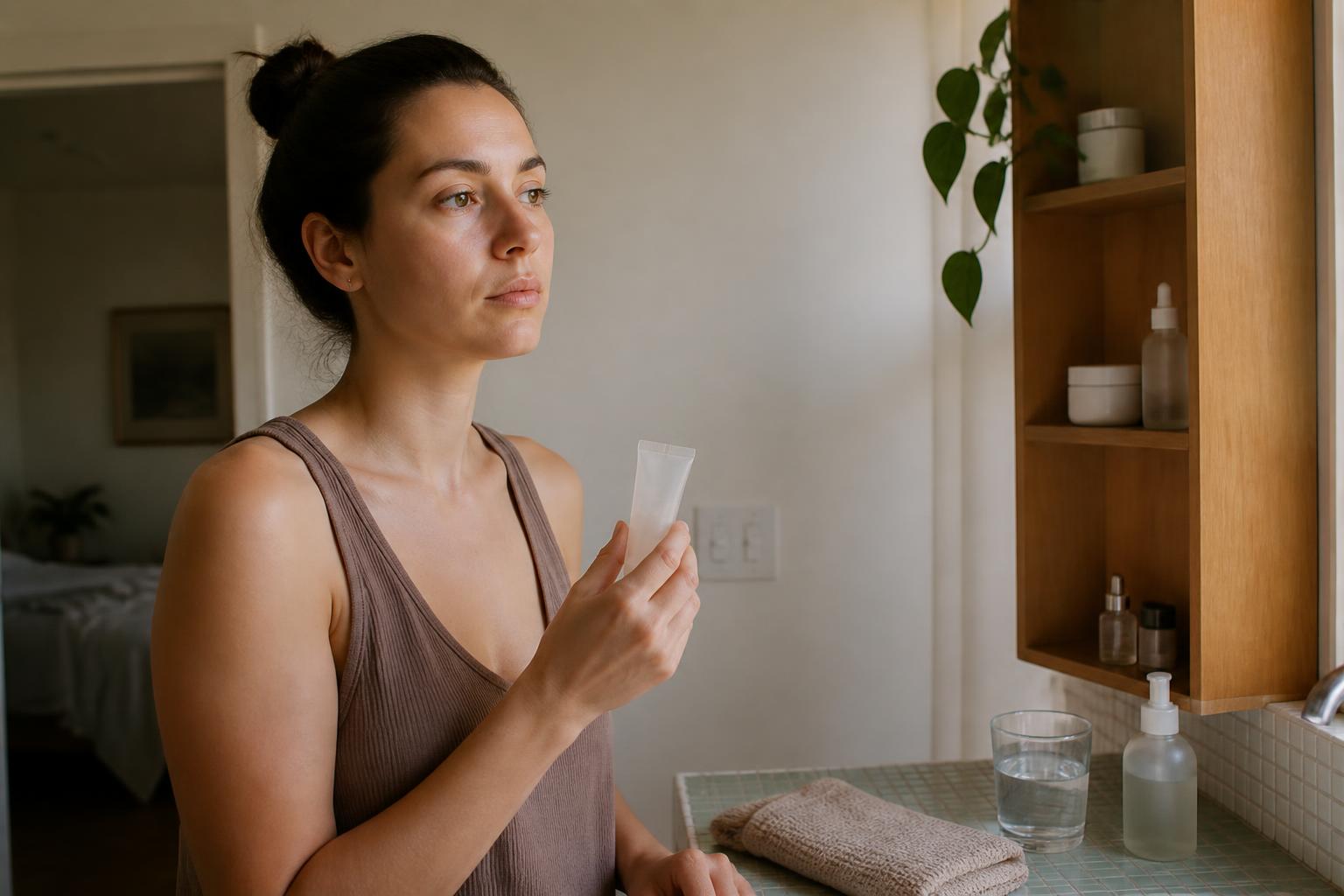 Woman in soft morning light holding a small eye gel tube at a bathroom counter