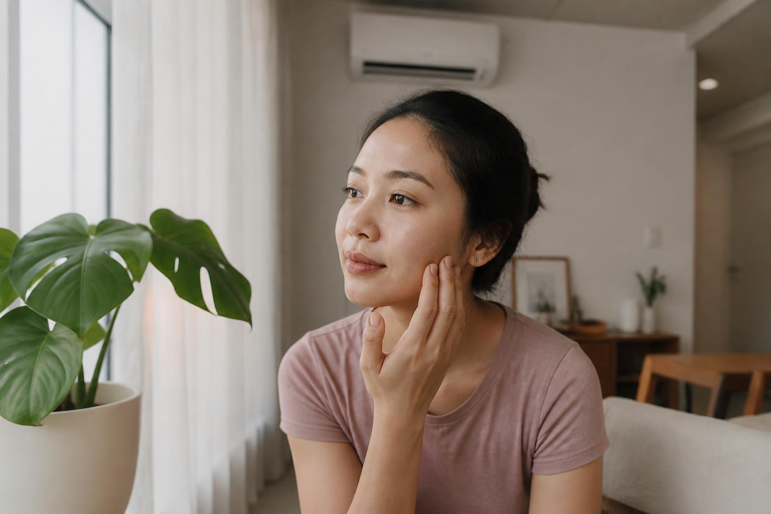 Woman with healthy skin sitting by window in air-conditioned Singapore apartment