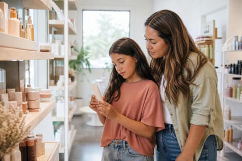 A mother and her young daughter looking at a skincare product together in a bright store aisle
