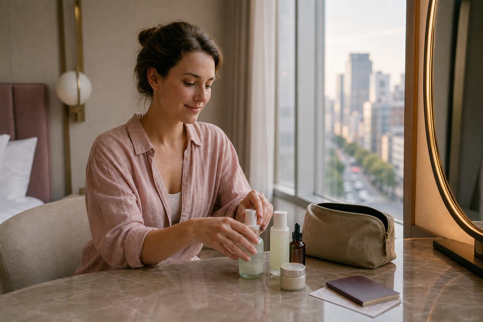 Traveler organizing Korean skincare products in a Seoul hotel room