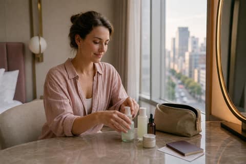 Traveler organizing Korean skincare products in a Seoul hotel room