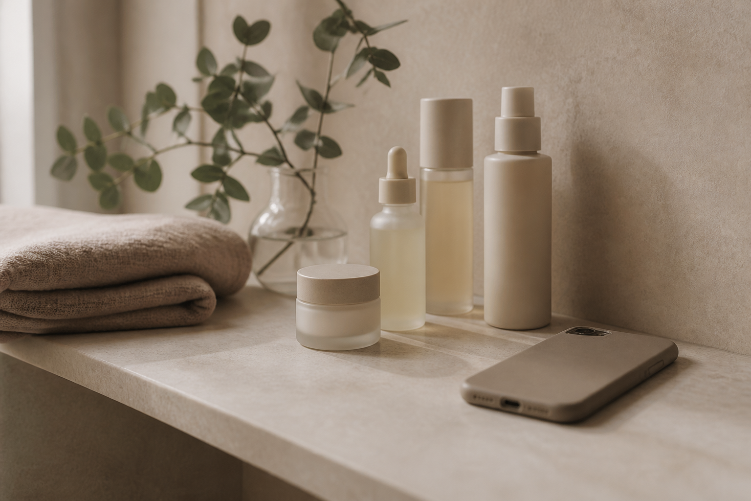 Unbranded skincare bottles and a jar on a pale stone bathroom shelf, with a phone lying face down beside them