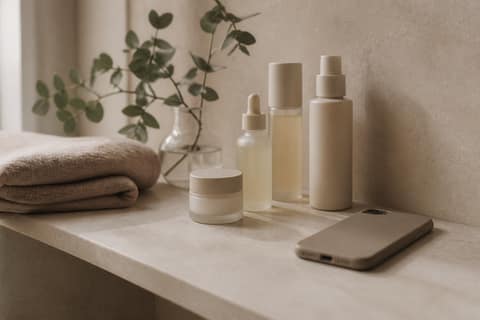 Unbranded skincare bottles and a jar on a pale stone bathroom shelf, with a phone lying face down beside them