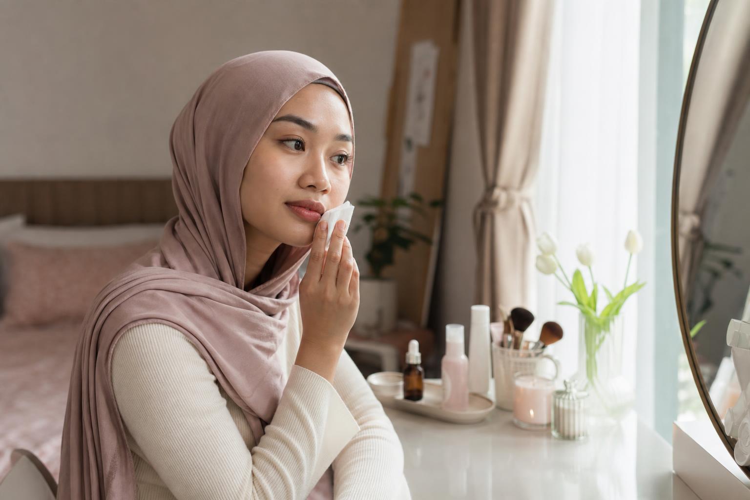 Woman applying ice to face before makeup in natural morning light