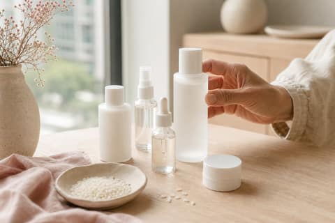 Japanese skincare bottles on wooden surface with rice grains in natural light