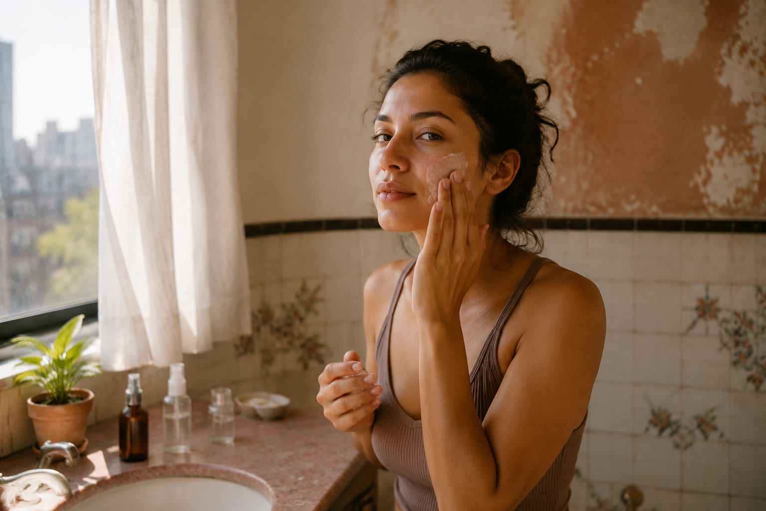 A woman applying moisturizer at a sunlit bathroom sink in a Mexico City apartment