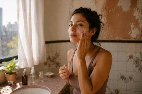 A woman applying moisturizer at a sunlit bathroom sink in a Mexico City apartment
