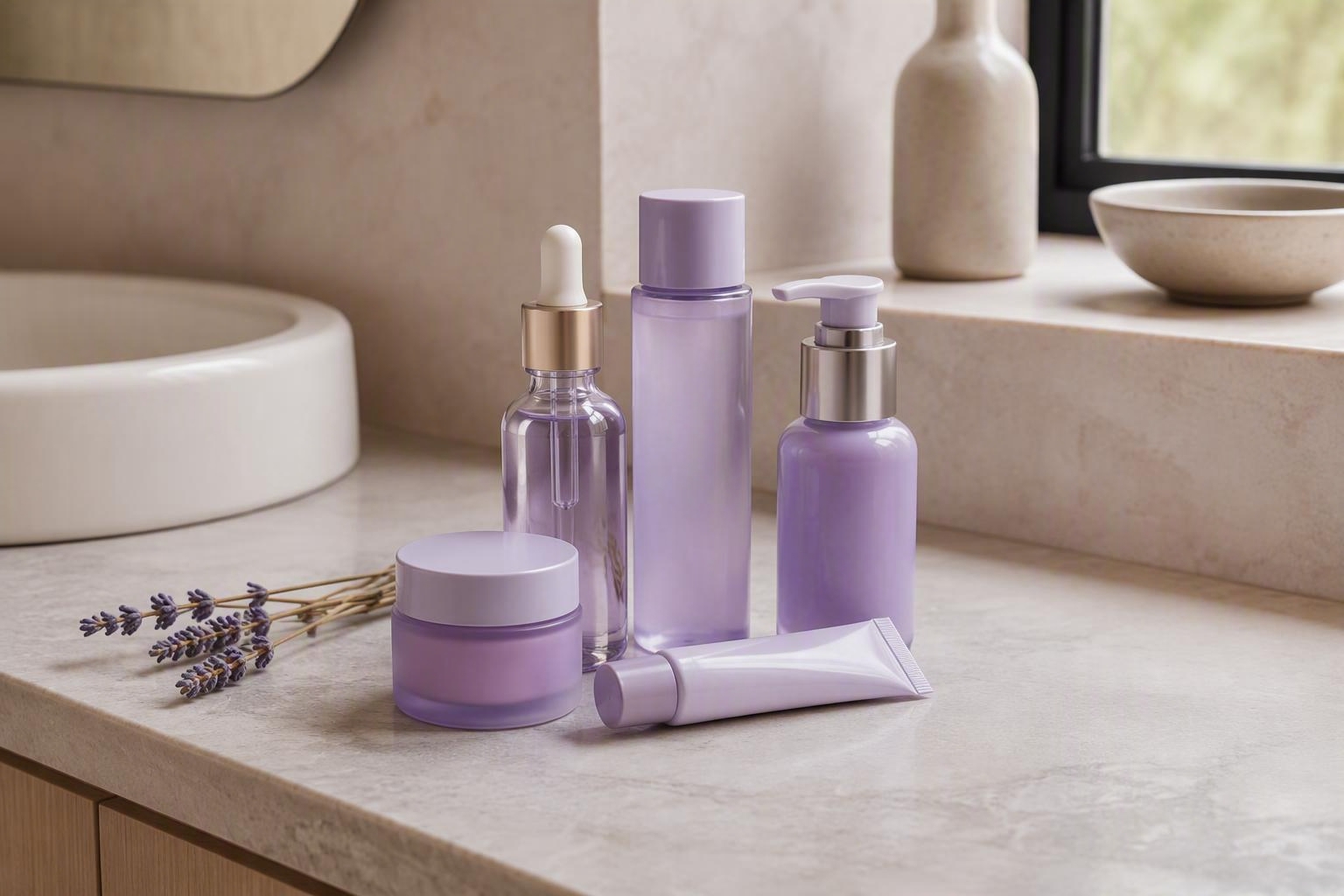 Skincare bottles in lilac and lavender tones arranged on a sunlit countertop
