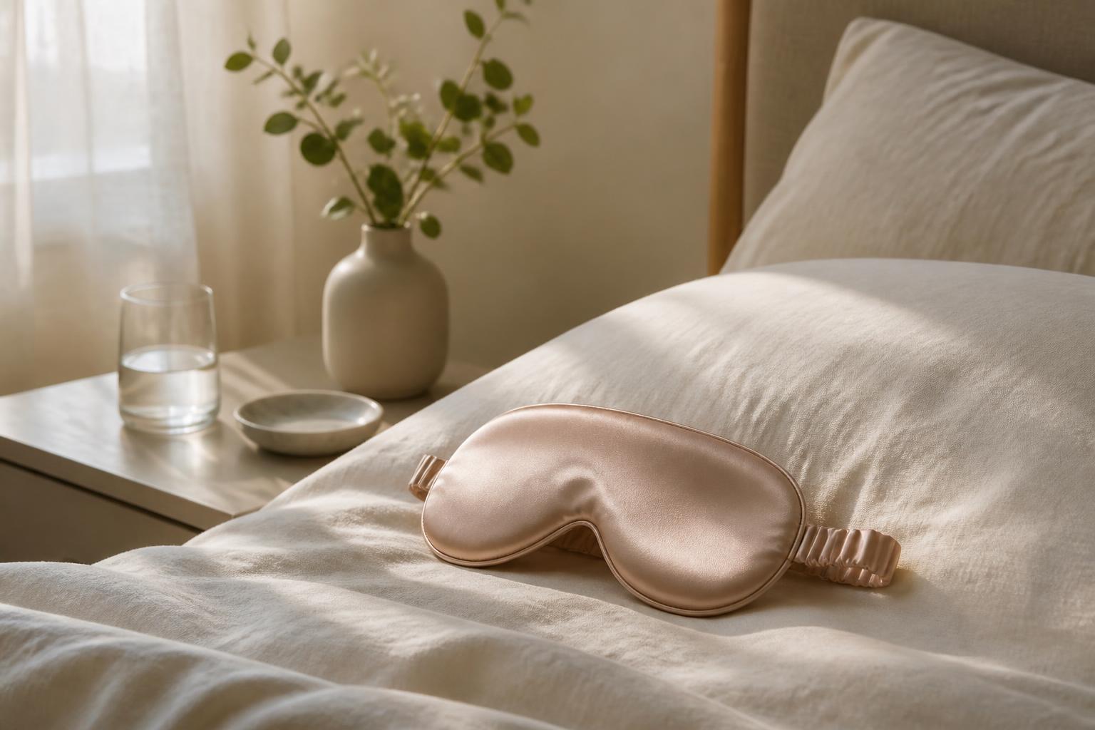 Luxury silk sleep mask resting on linen bedding in soft morning light