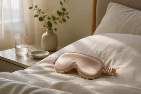 Luxury silk sleep mask resting on linen bedding in soft morning light