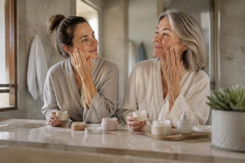 Adult daughter and mother comparing skincare at a bathroom counter