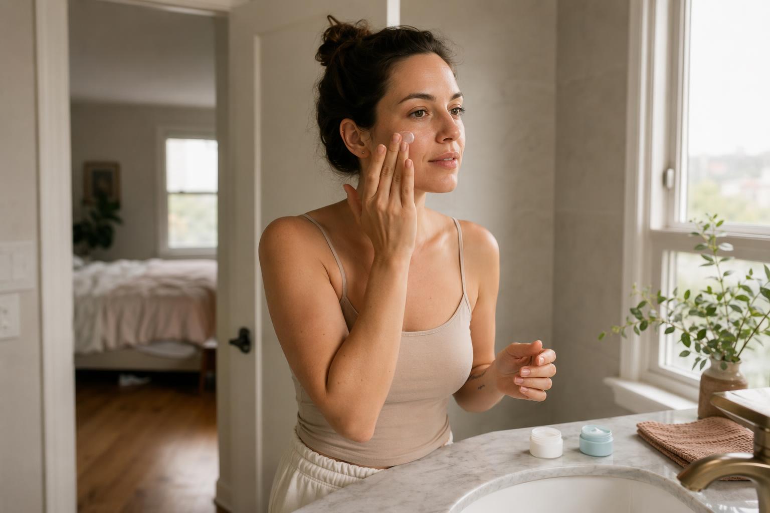 A woman applying moisturizer at a sunlit bathroom sink with a few skincare jars on the counter