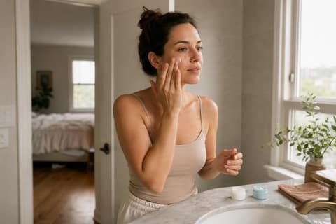 A woman applying moisturizer at a sunlit bathroom sink with a few skincare jars on the counter