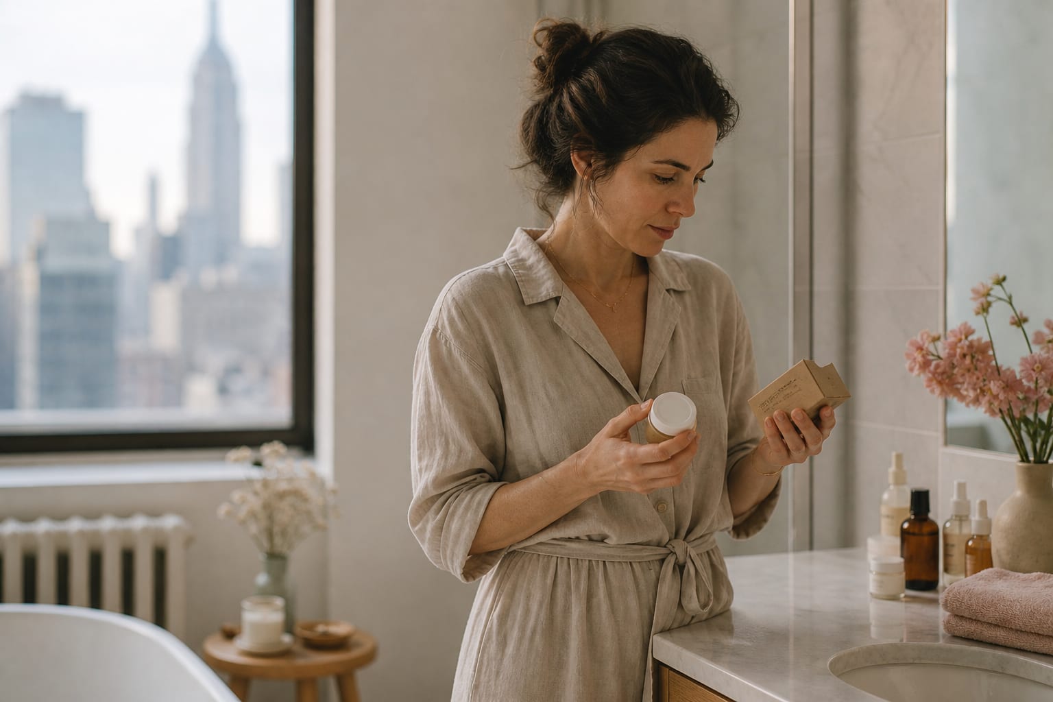 A woman reading the packaging of a skincare cream at a sunlit bathroom counter