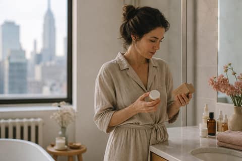 A woman reading the packaging of a skincare cream at a sunlit bathroom counter