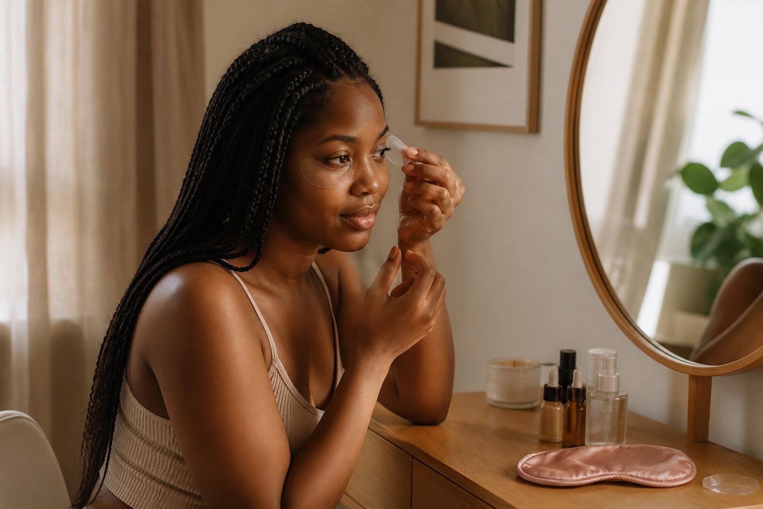 Woman removing an overnight eye mask at her vanity in soft morning light