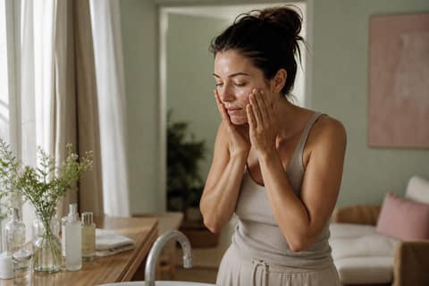 A woman patting a watery essence into her skin at a sunlit bathroom sink
