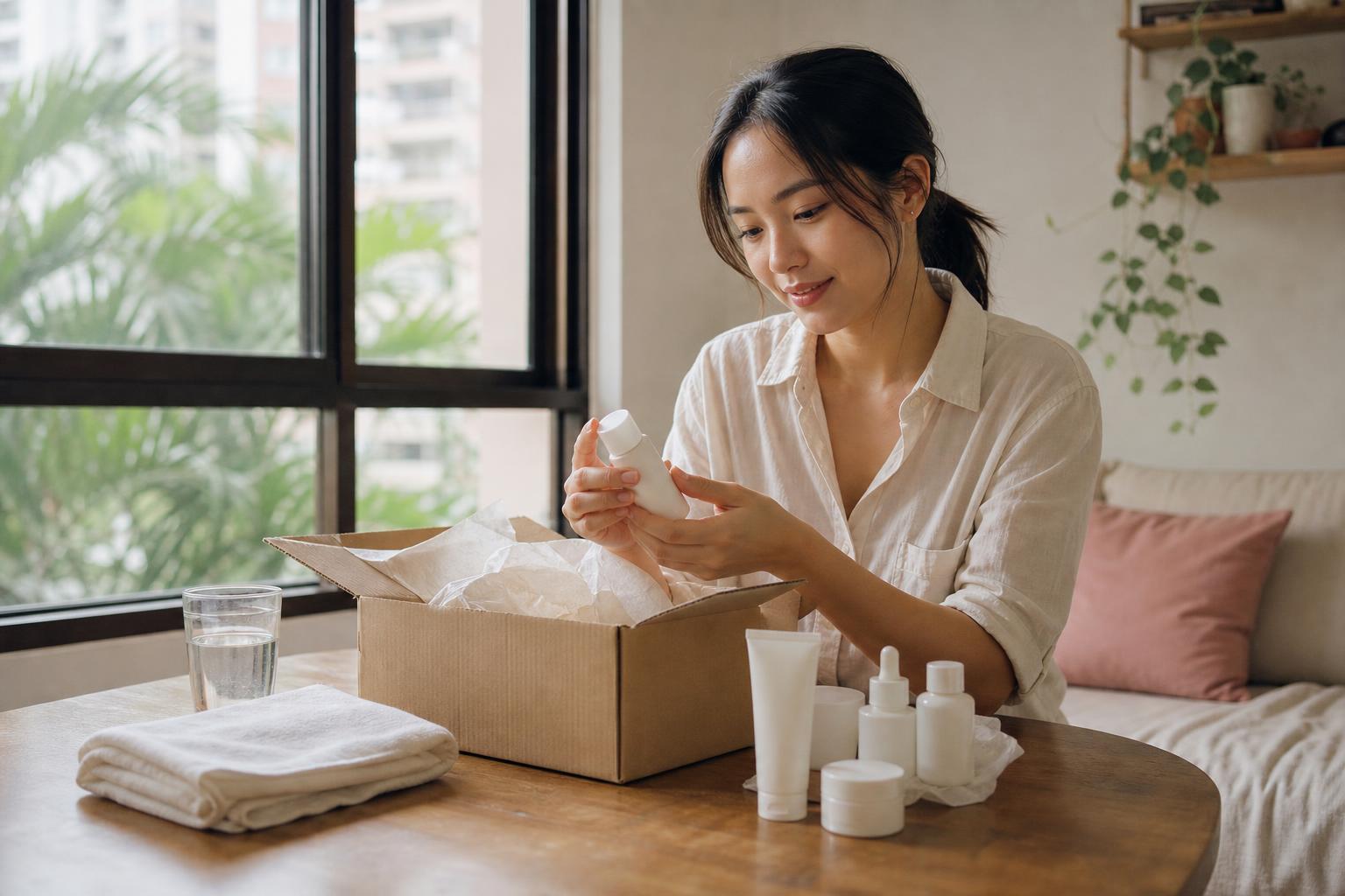 A woman at a sunlit table in a Singapore apartment unpacking skincare bottles from a shipping box