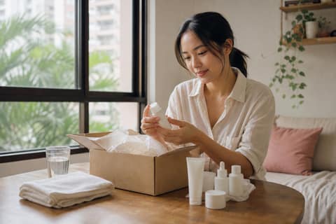 A woman at a sunlit table in a Singapore apartment unpacking skincare bottles from a shipping box