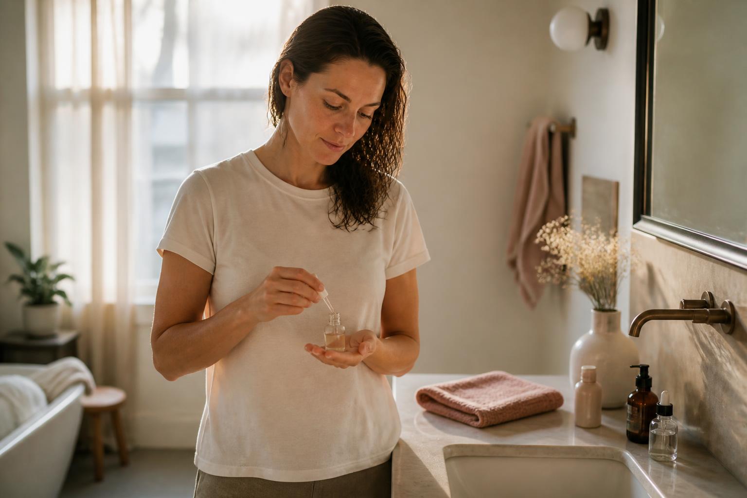 Woman in a sunlit bathroom holding a small serum bottle during her morning skincare routine