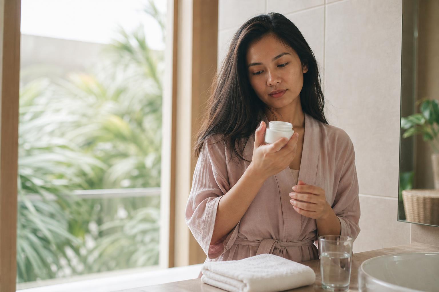 A woman examining a small skincare jar at a sunlit bathroom counter in a modern Malaysian apartment