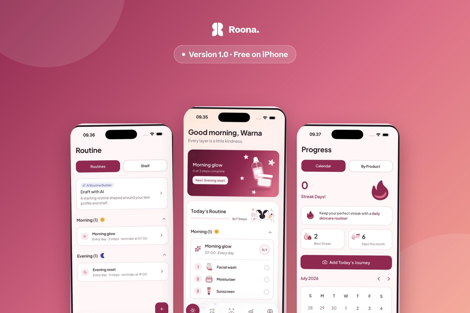 Three iPhone screens showing Roona's routine list, daily home screen and progress calendar on a rose gradient