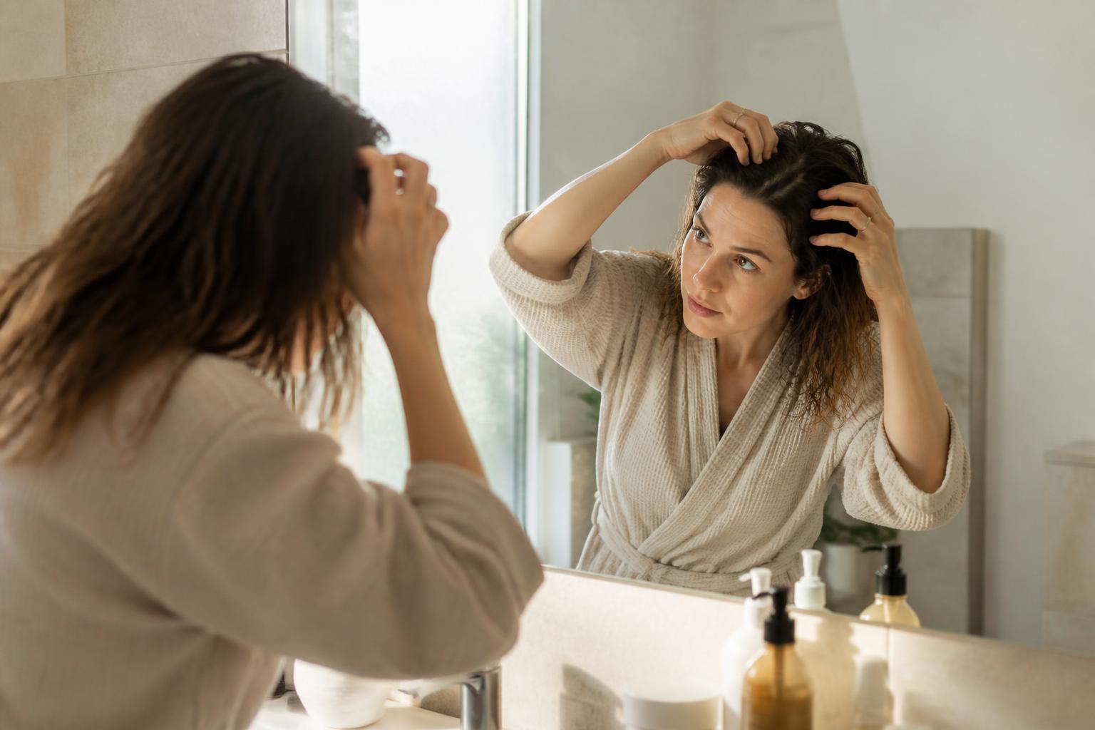 A woman parting her damp hair in front of a bathroom mirror in soft morning light