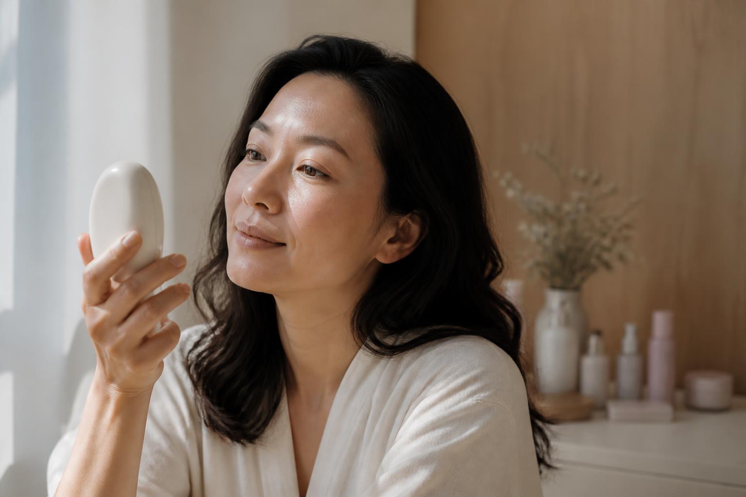 Woman examining her skin with a handheld device in natural light