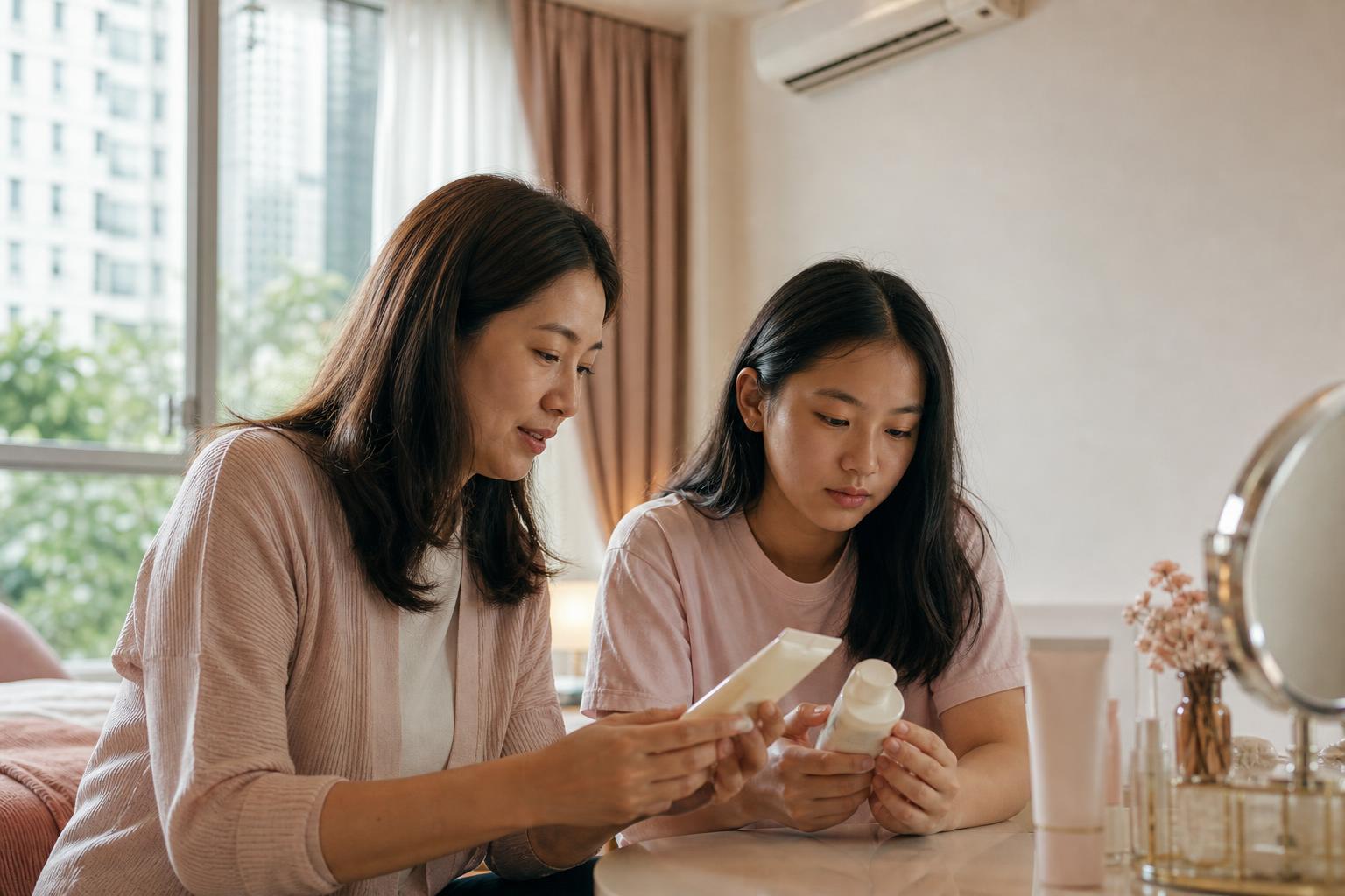 Parent and teen comparing skincare labels in a Singapore home