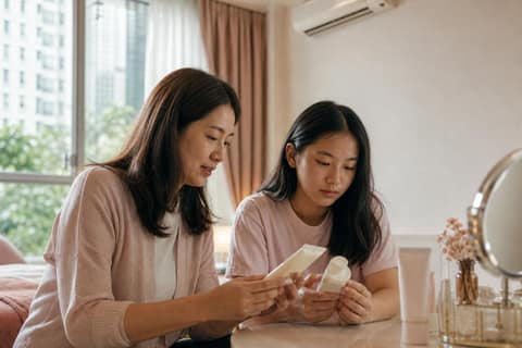 Parent and teen comparing skincare labels in a Singapore home