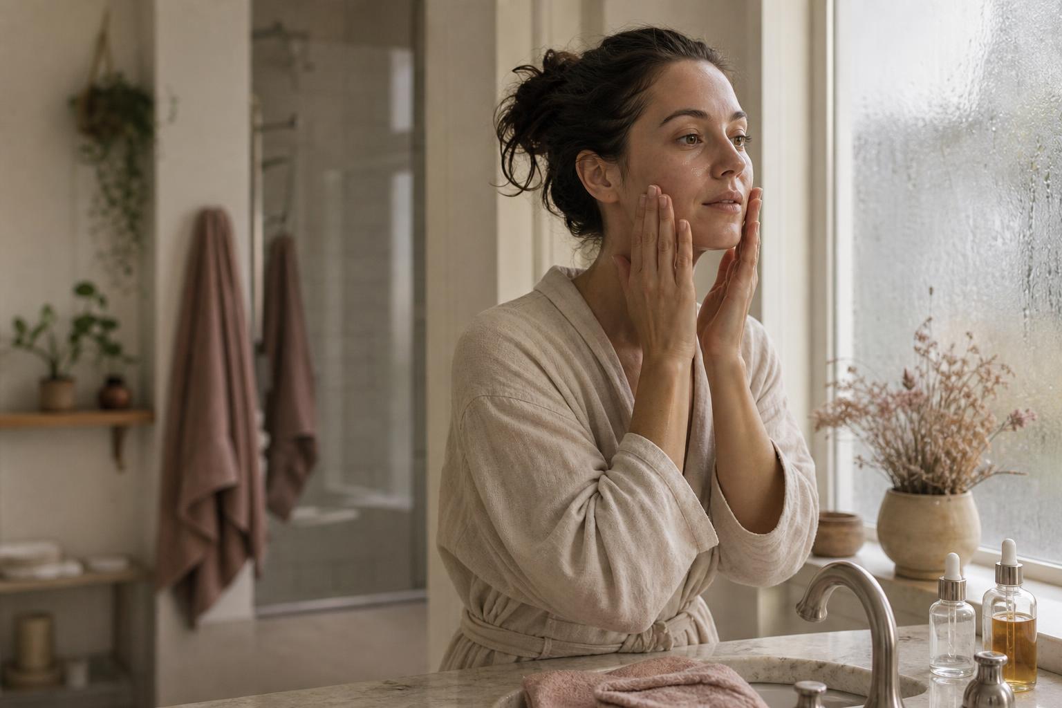 Woman pressing serum into damp skin at a bathroom sink in soft winter morning light