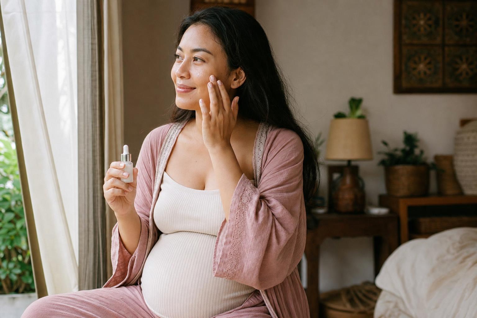 Ibu hamil Indonesia sedang mengaplikasikan skincare dengan lembut di pagi hari