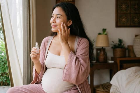 Ibu hamil Indonesia sedang mengaplikasikan skincare dengan lembut di pagi hari